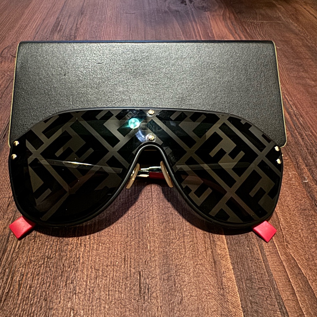 Fendi Black Logo Shield Sunglasses With Red Temple Tips